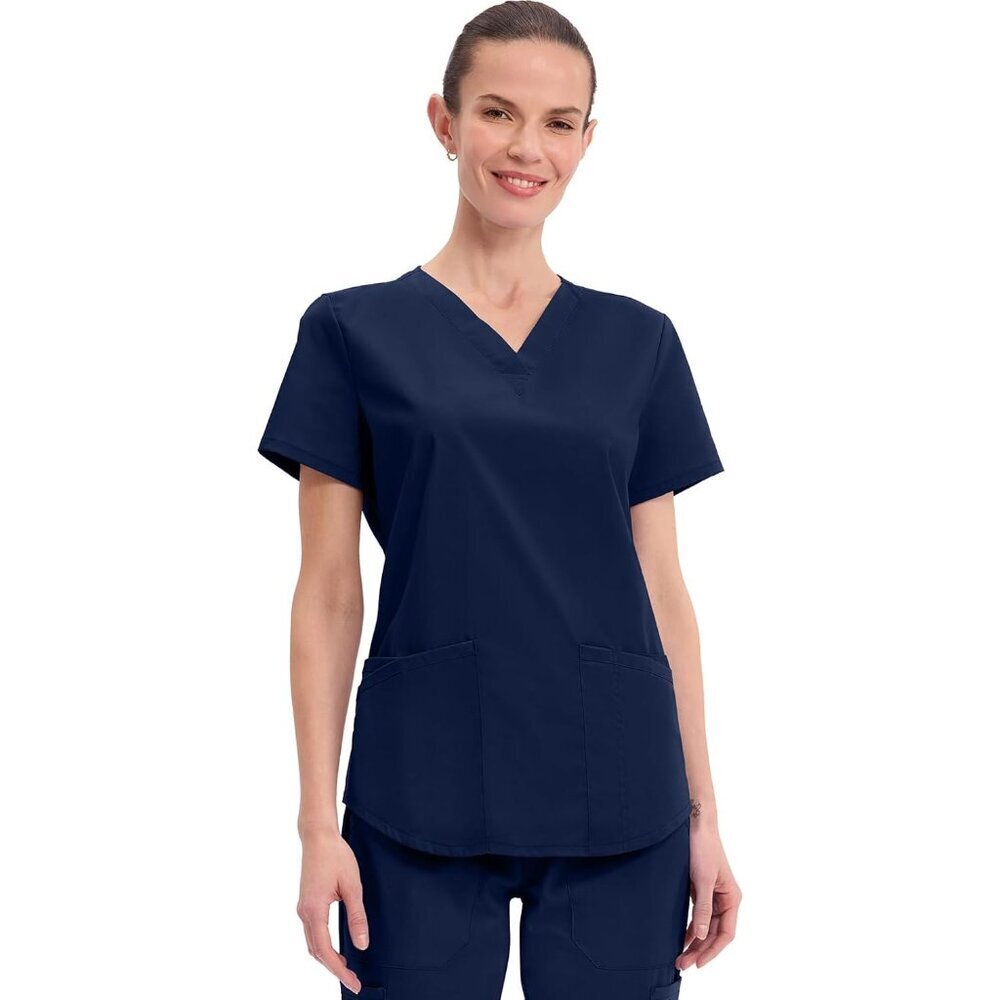 Women's V-Neck Scrubs Top Stretch Fabric Pockets Side Vents Plus Size